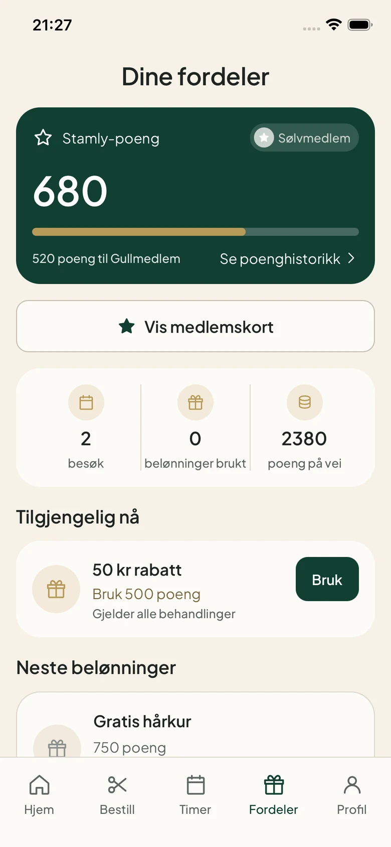 Fordeler i Stamly-appen: poengsaldoen, veien til neste medlemsnivå og belønningene.
