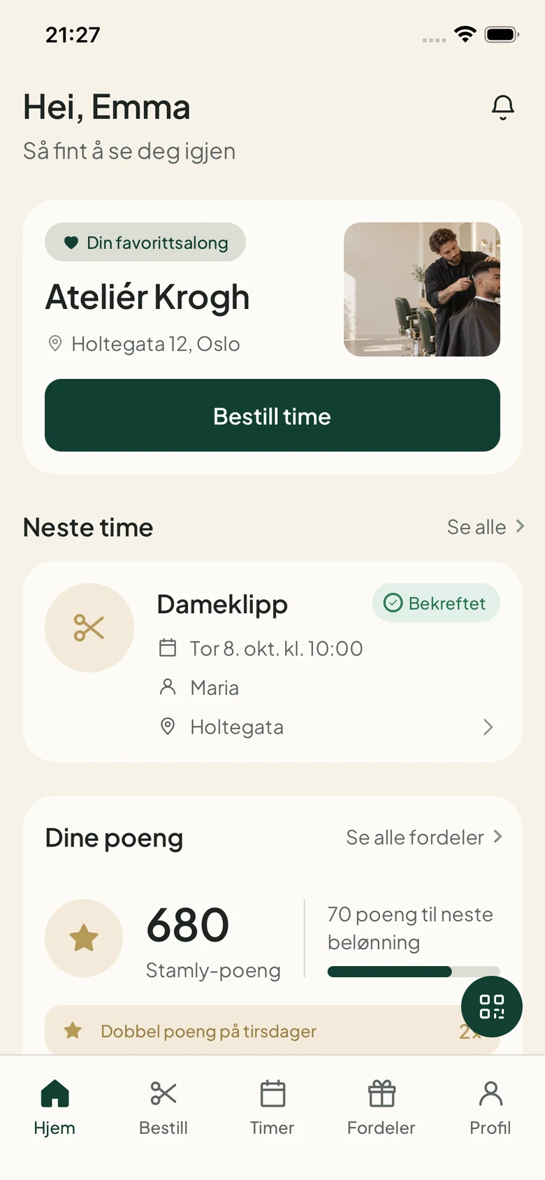 Hjem i Stamly-appen: favorittsalongen, knappen «Bestill time» og neste time.