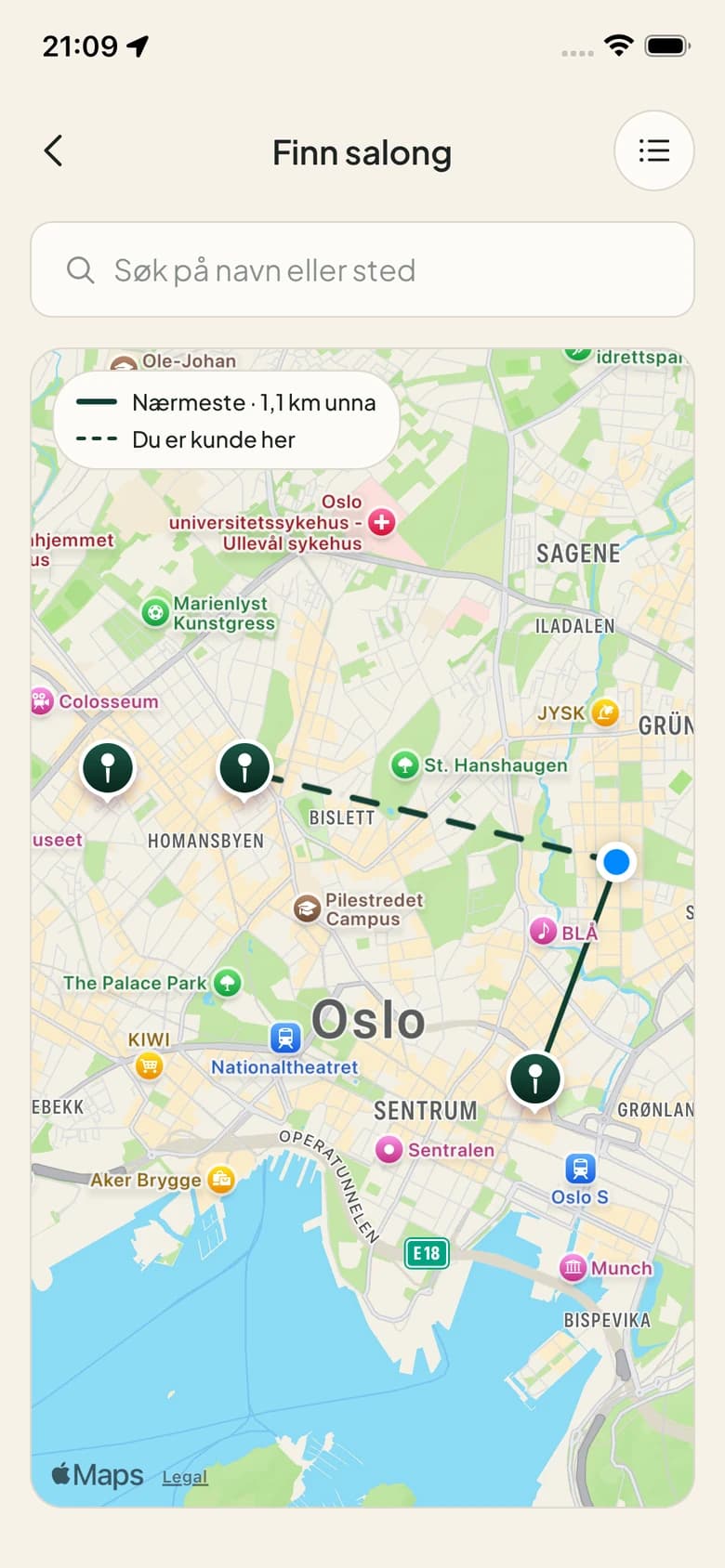 Kartet i Stamly-appen: en linje fra kunden til den nærmeste salongen, og en stiplet linje til salongen hun er kunde hos.