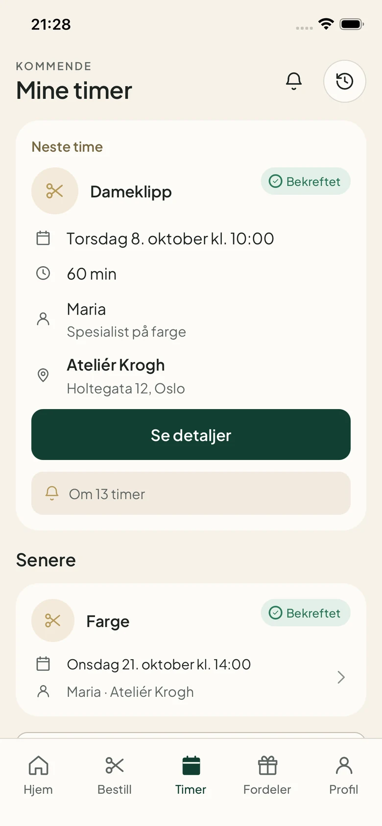 Mine timer i Stamly-appen: neste time med behandling, tidspunkt, frisør og salong.