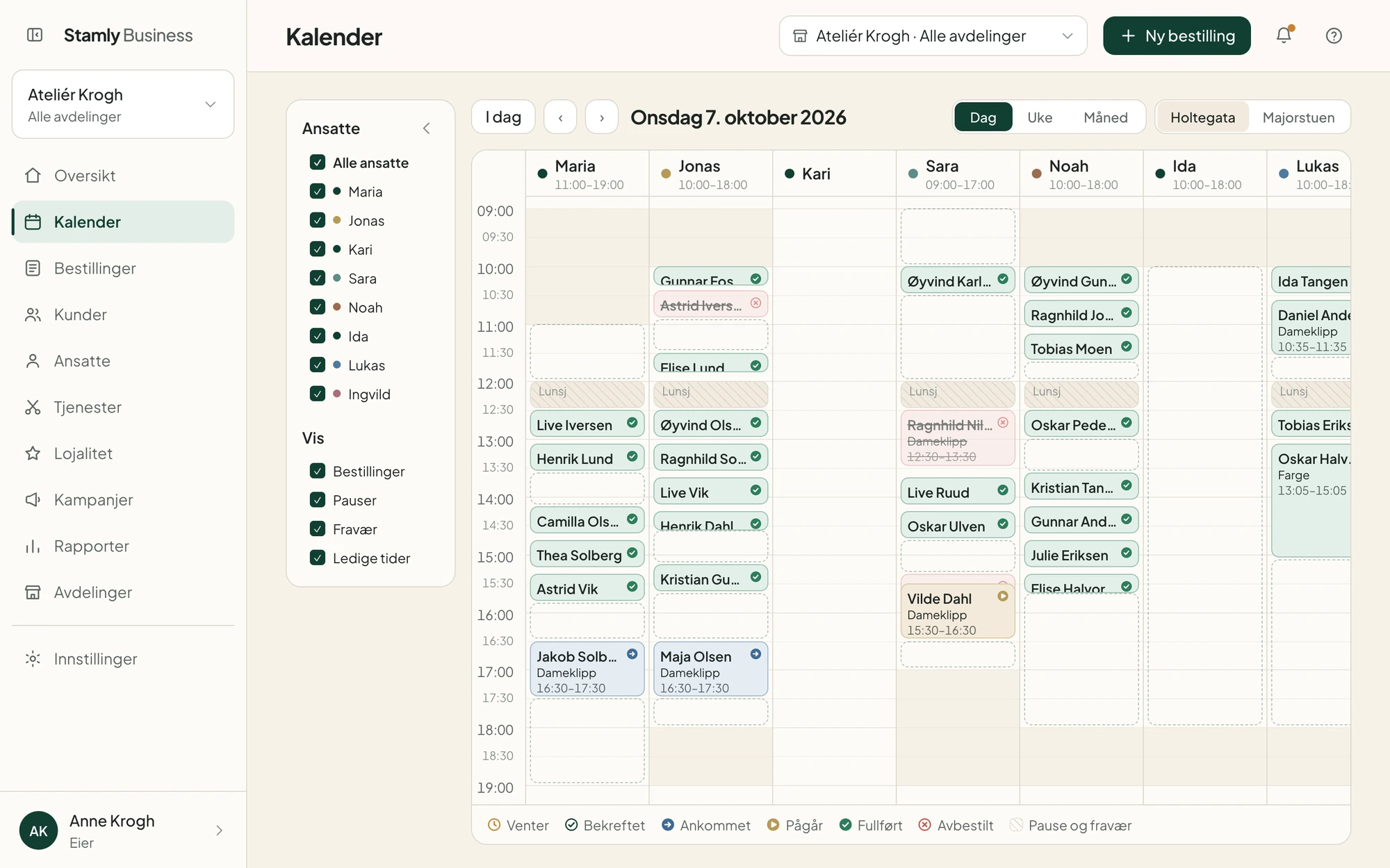 Kalenderen i Stamly-portalen: dagens timer i kolonner per ansatt, med status på hver time.